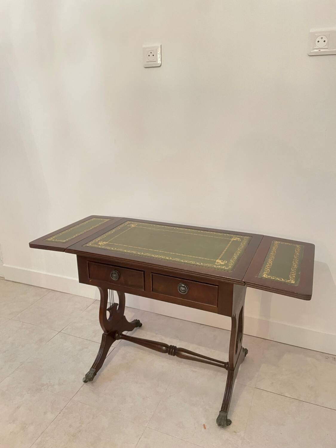 English coffee table with shutters and green leather top