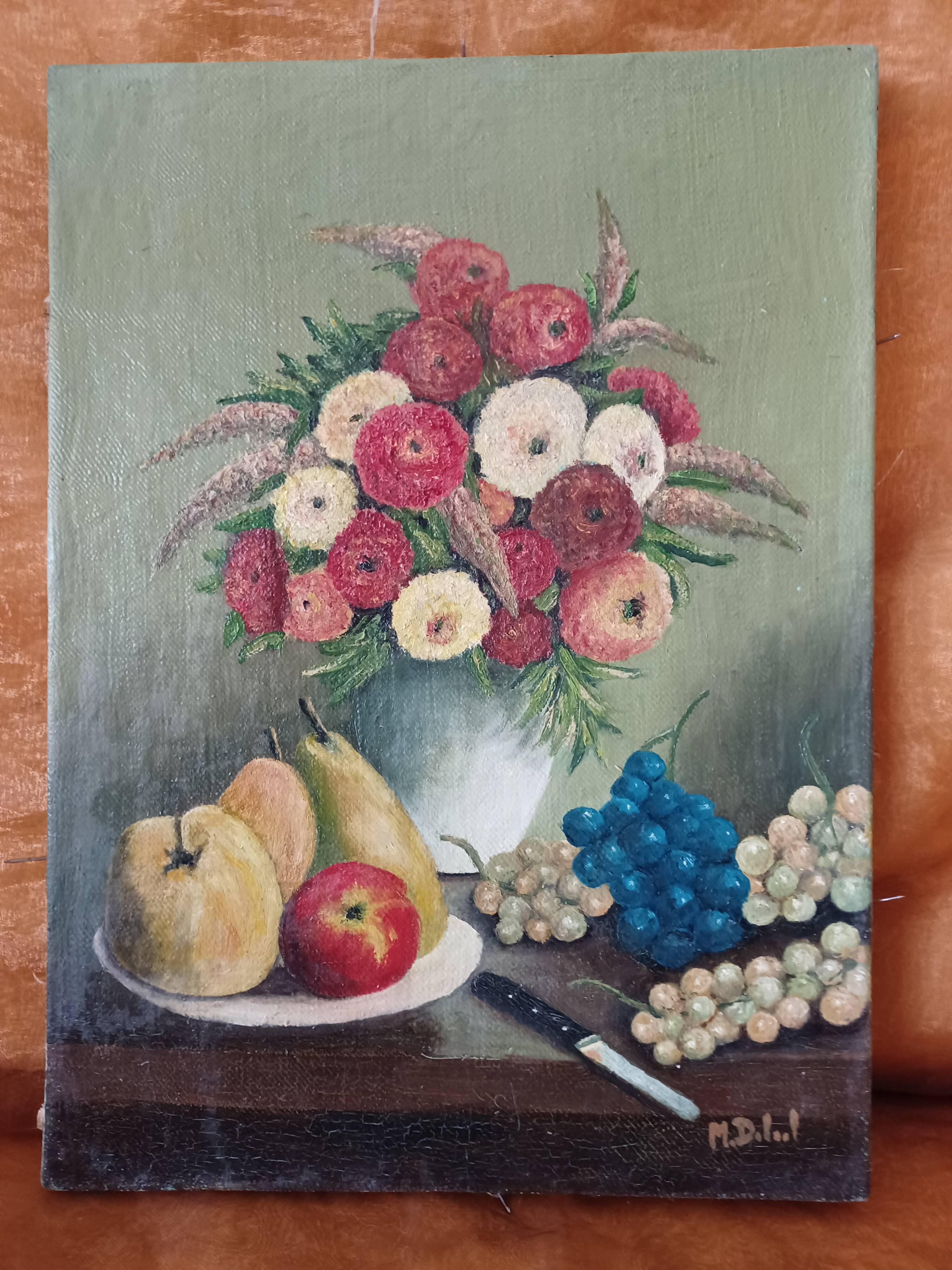 Nature morte fleurs et fruits peinture sur toile signé