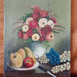 Still life flowers and fruits painting on canvas signed