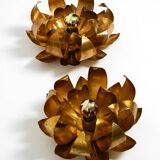 Pair of 70's gilded floral Regency wall or ceiling lamp with large leaves