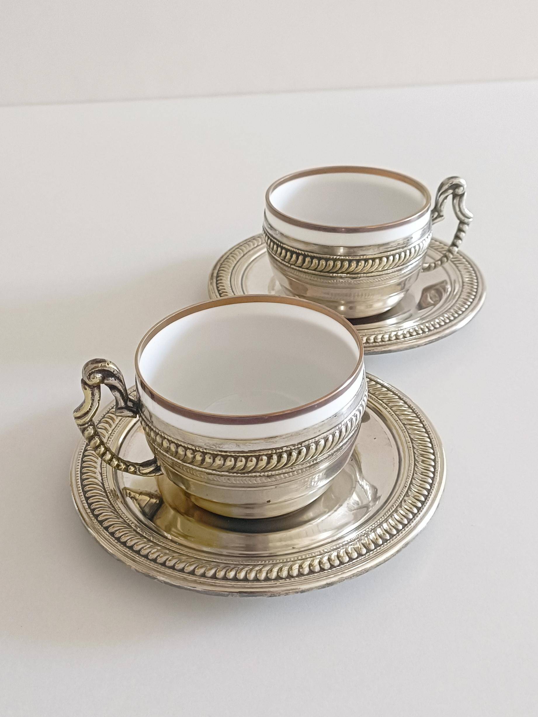 Victorian Alpaca Silver Tea or Coffee Pair of Cups and Plates, England 19th C.
