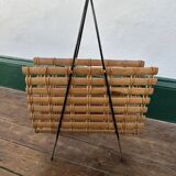 Vintage magazine rack in wood, rattan and wrought iron
