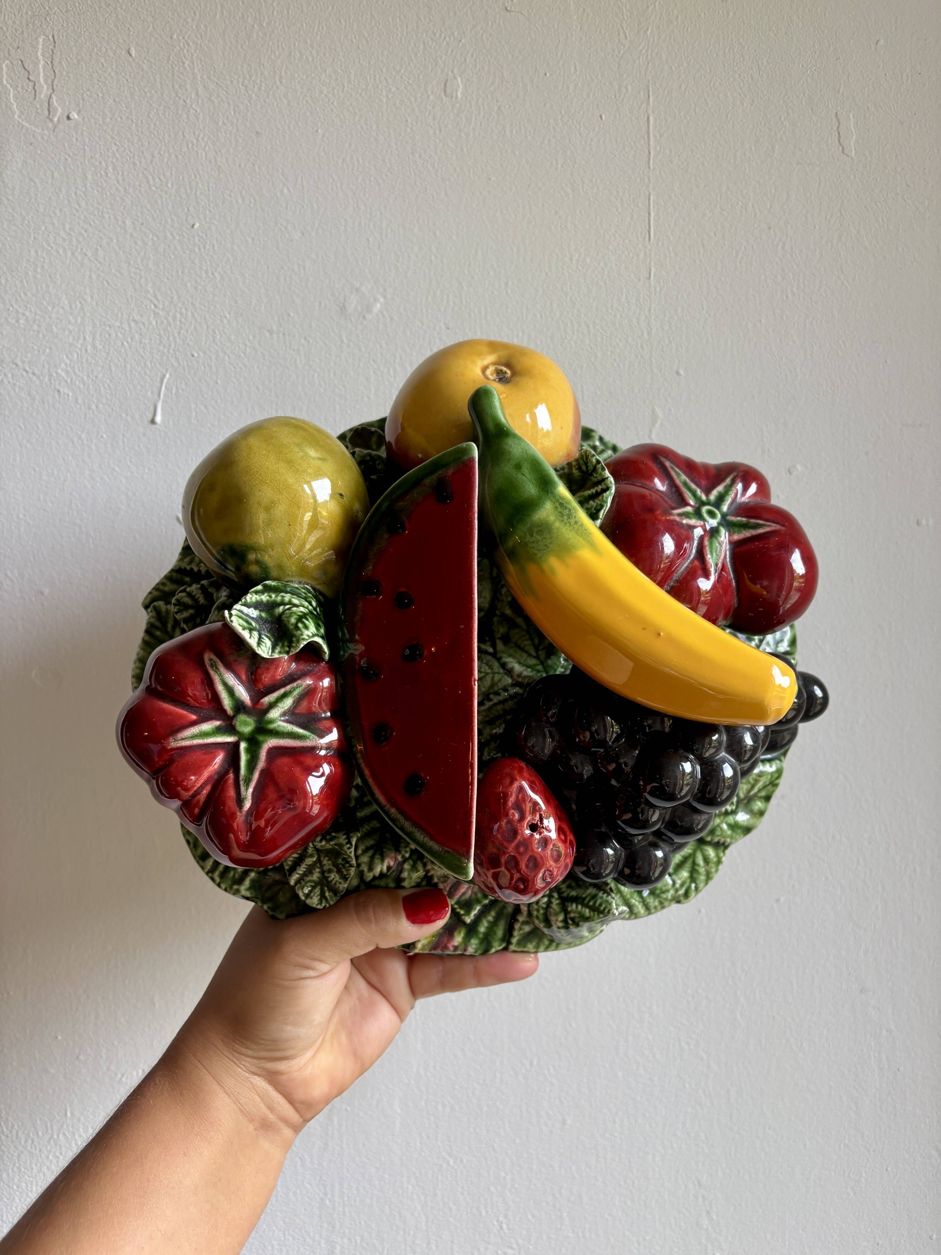 Vintage barbotine dish with fruit decorations