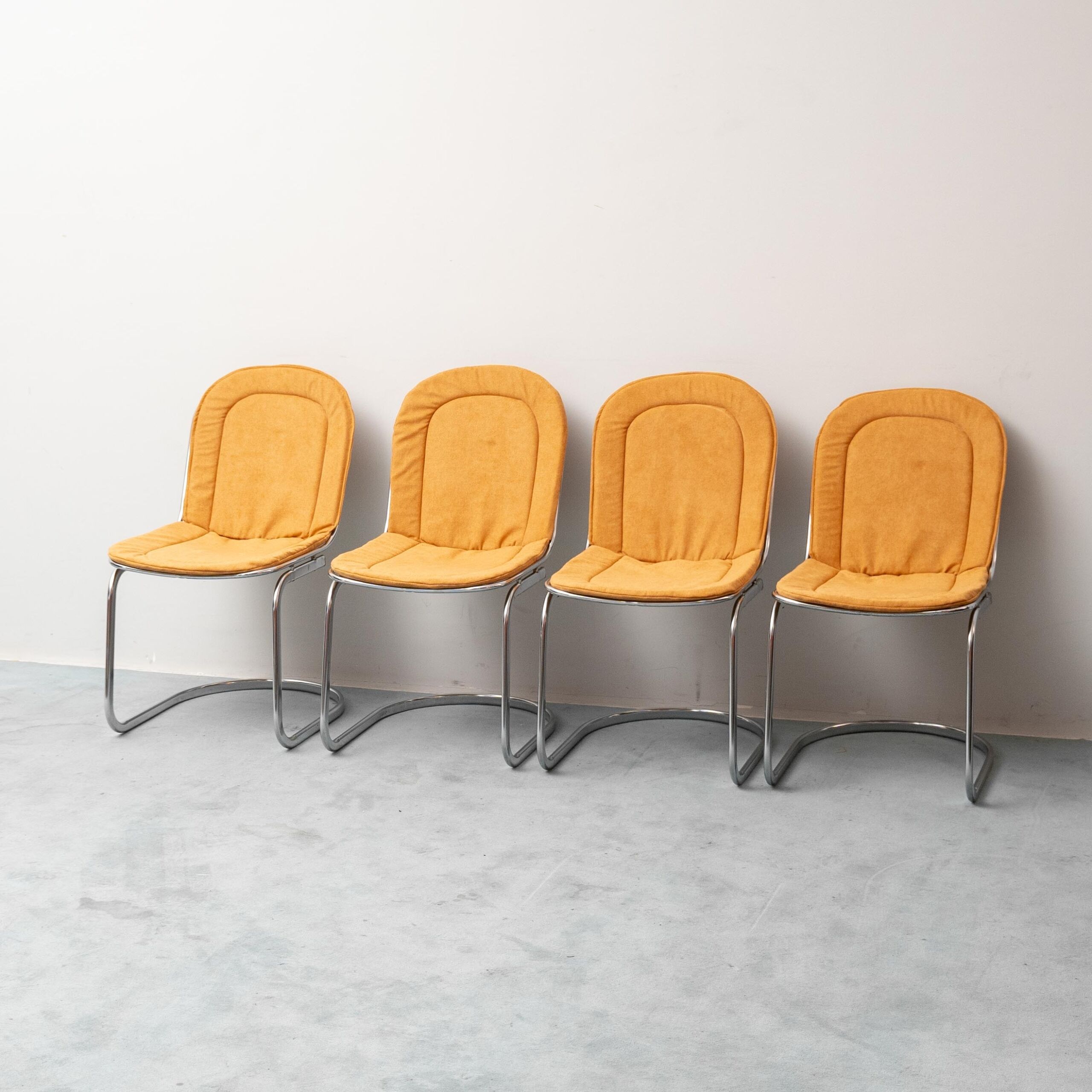 Set of 4 vintage Gastone Rinaldi chairs in chromed steel and yellow fabric, 1970s modernism
