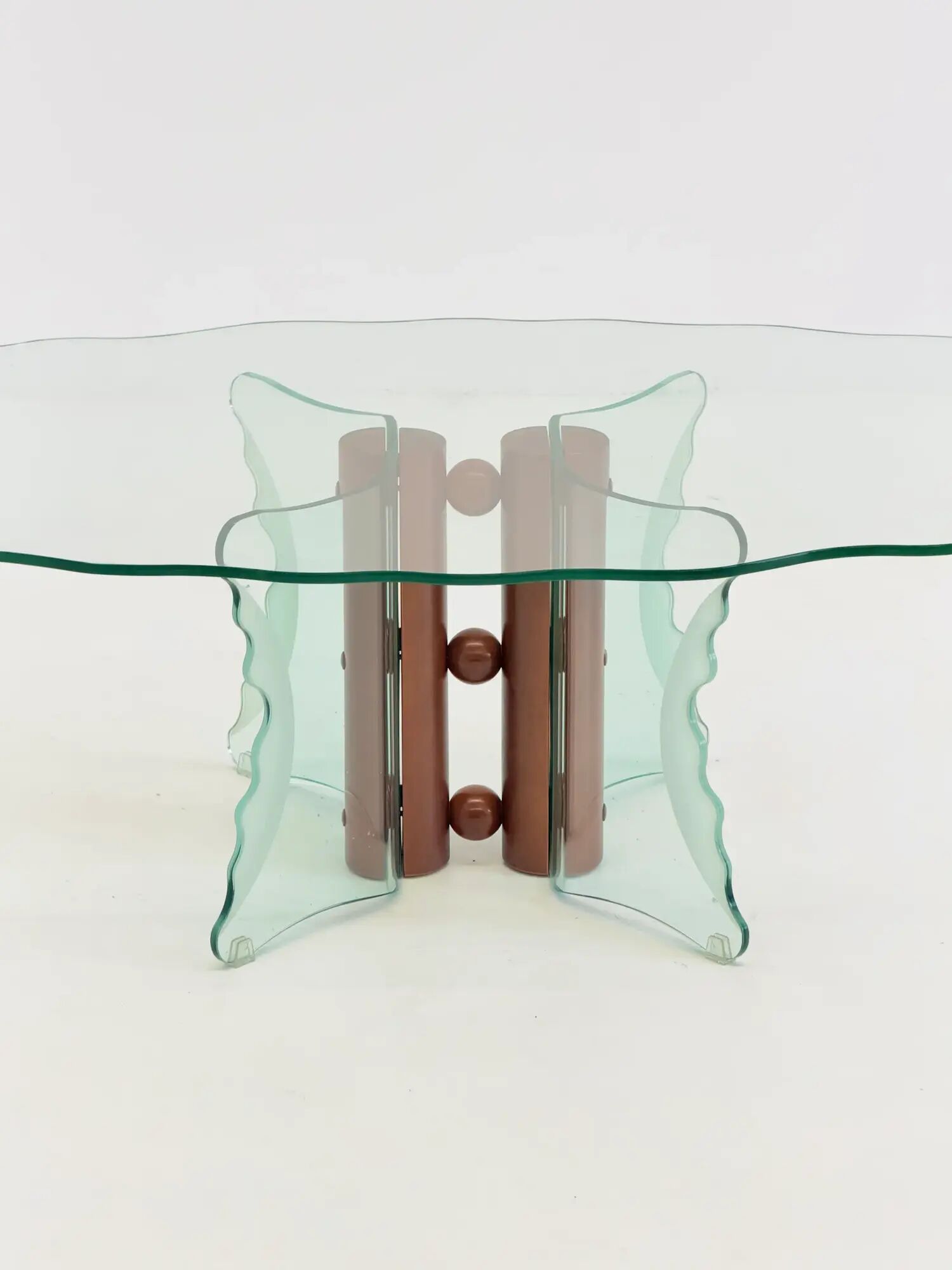 Vintage postmodern coffee table with wavy glass and wooden spheres