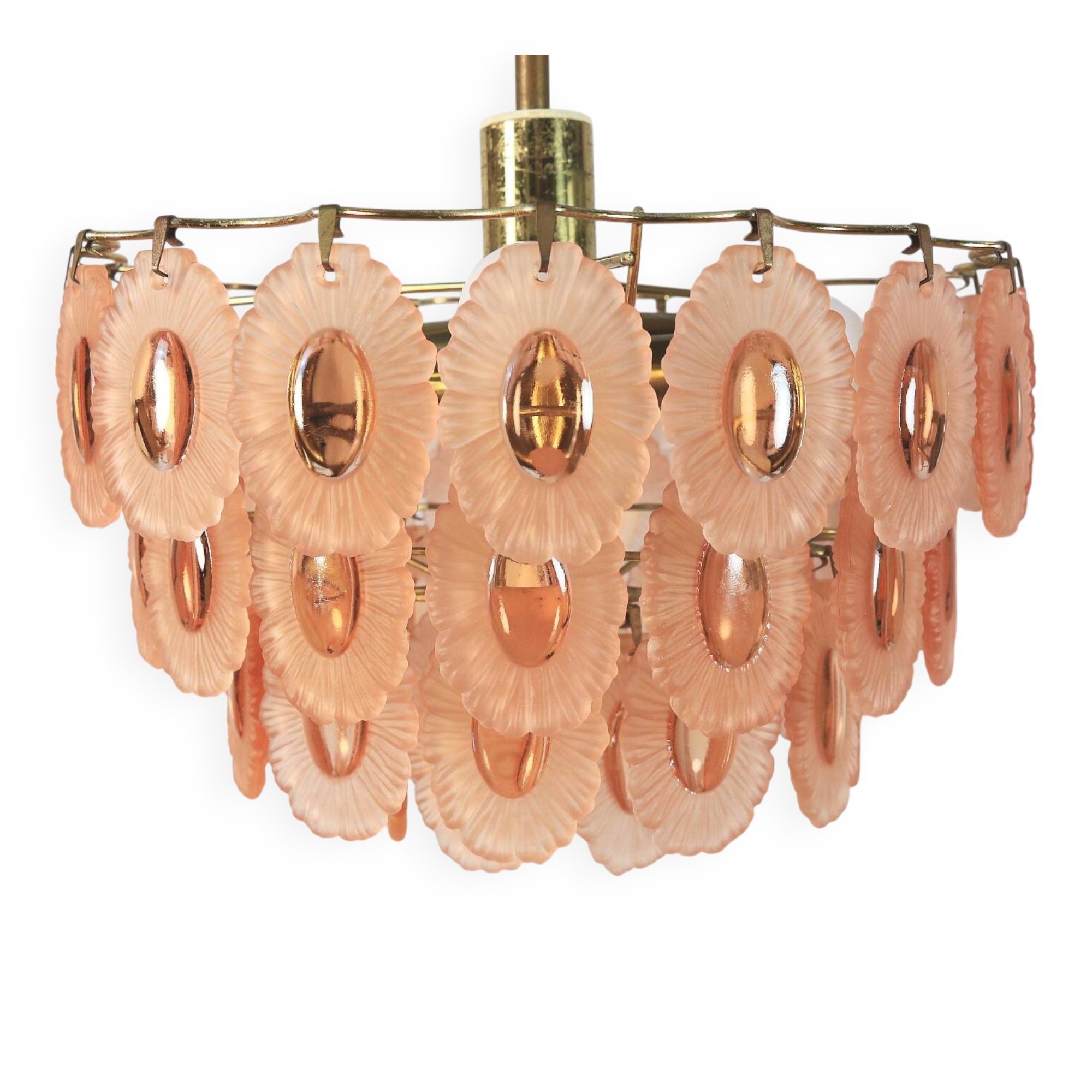 Chandelier vintage des années 70 avec 51 médaillons en verre rose, 37 cm