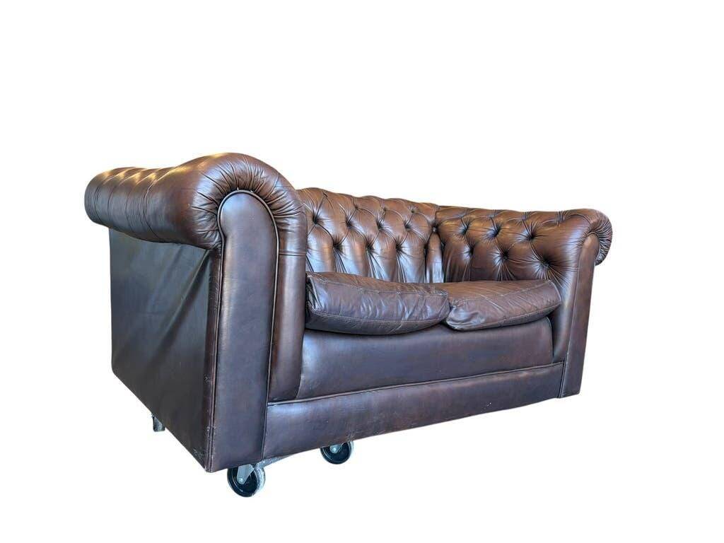 Vintage chocolate brown leather Chesterfield armchair/sofa