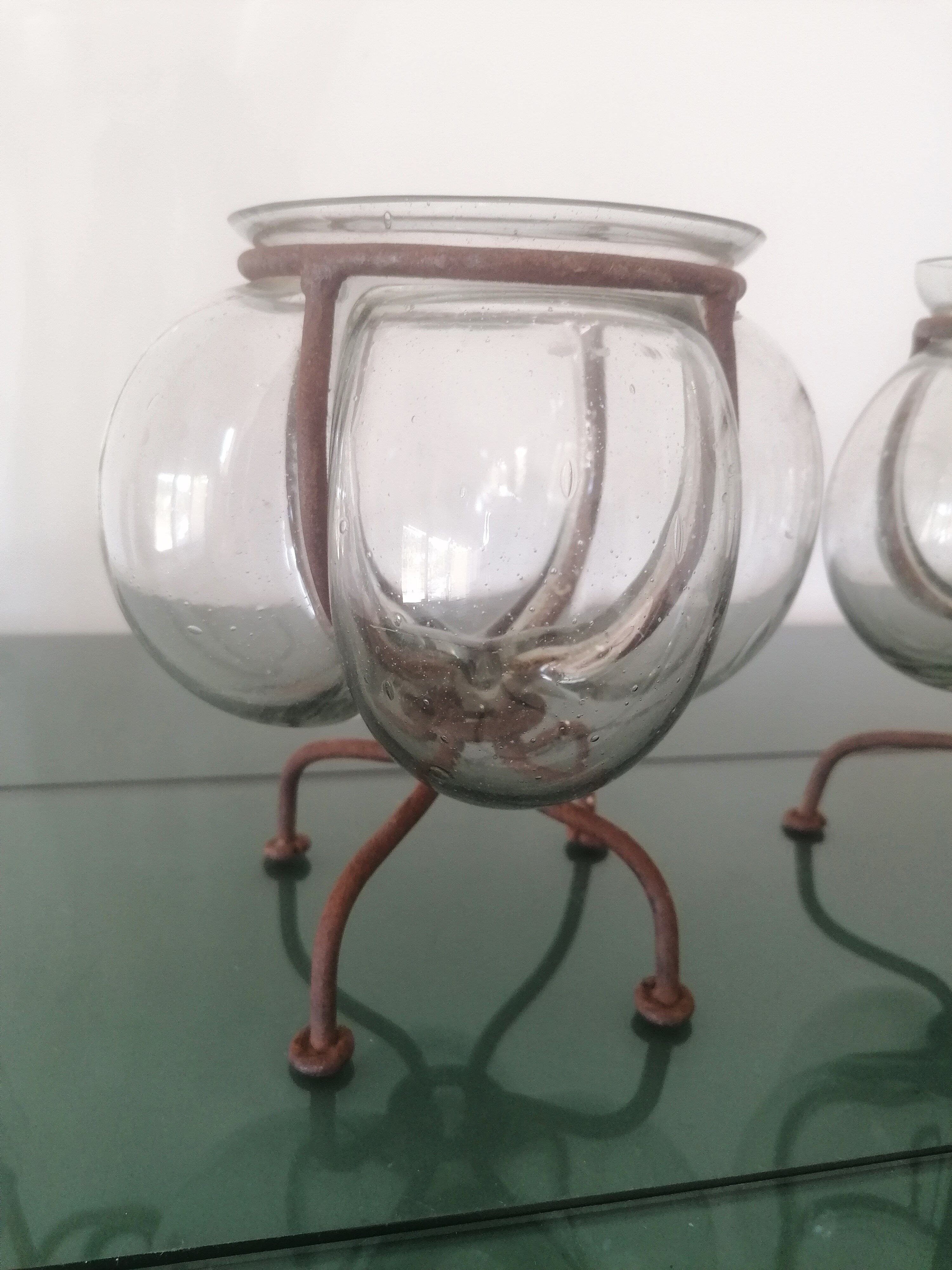 Vases / photophores ''Venetian'' Blown glass inking wrought iron - 1940s