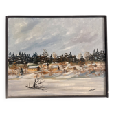 Old Oil Painting Canvas Winter Snow Landscape Folk Art Signed