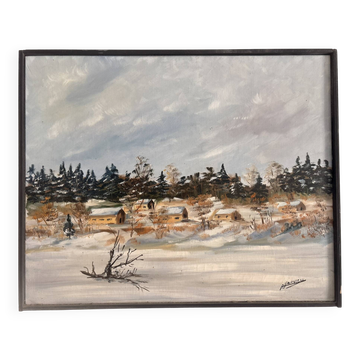 Old Oil Painting Canvas Winter Snow Landscape Folk Art Signed
