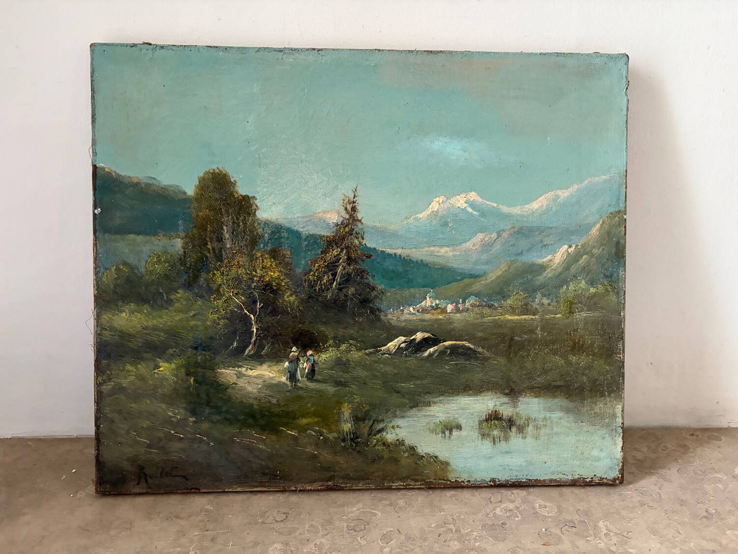 Mountain landscape stroll, oil on canvas signed Rollet.