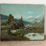 Mountain landscape stroll, oil on canvas signed Rollet.