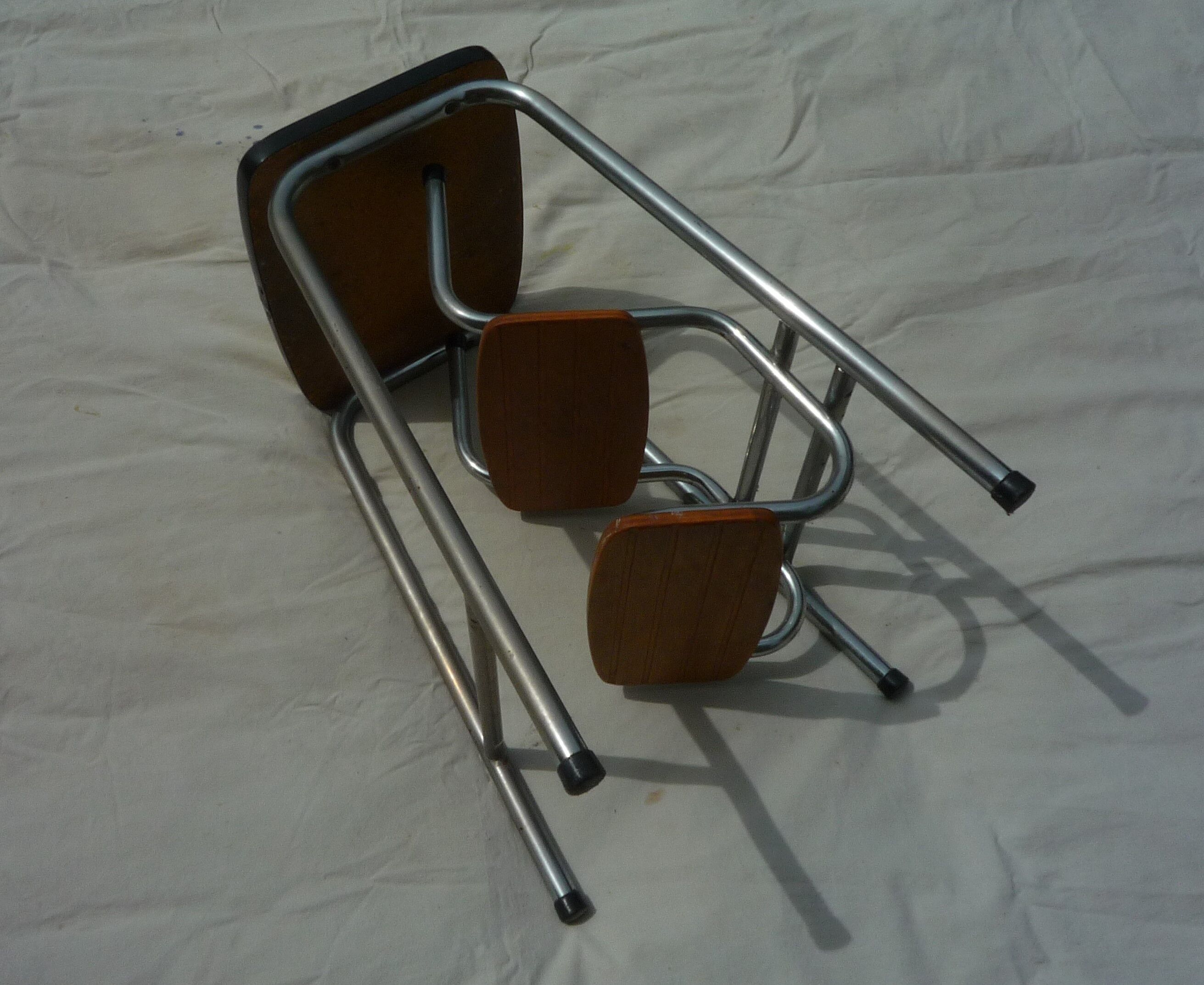 Retractable kitchen stepladder, wood and formica, vintage 60s