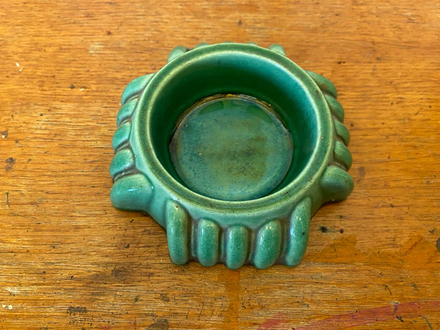 Antique Green Ceramic Ashtray Pocket Empty Vintage