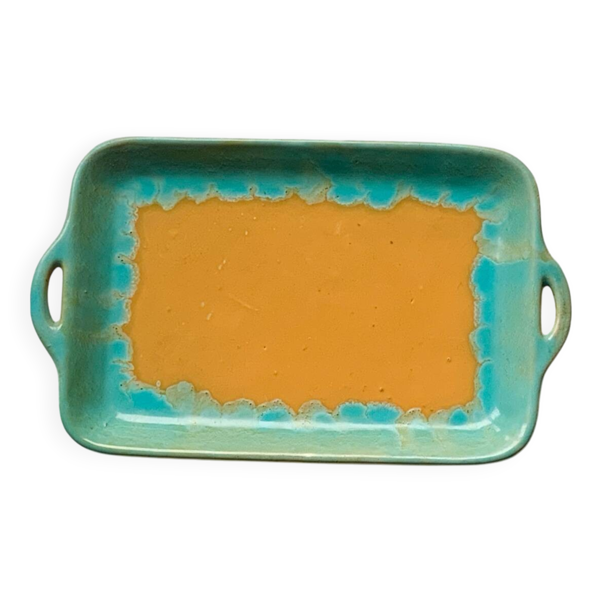 CAB turquoise and ochre ceramic dish with handles