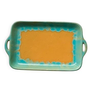 Plat à anses céramique turquoise et ocre CAB