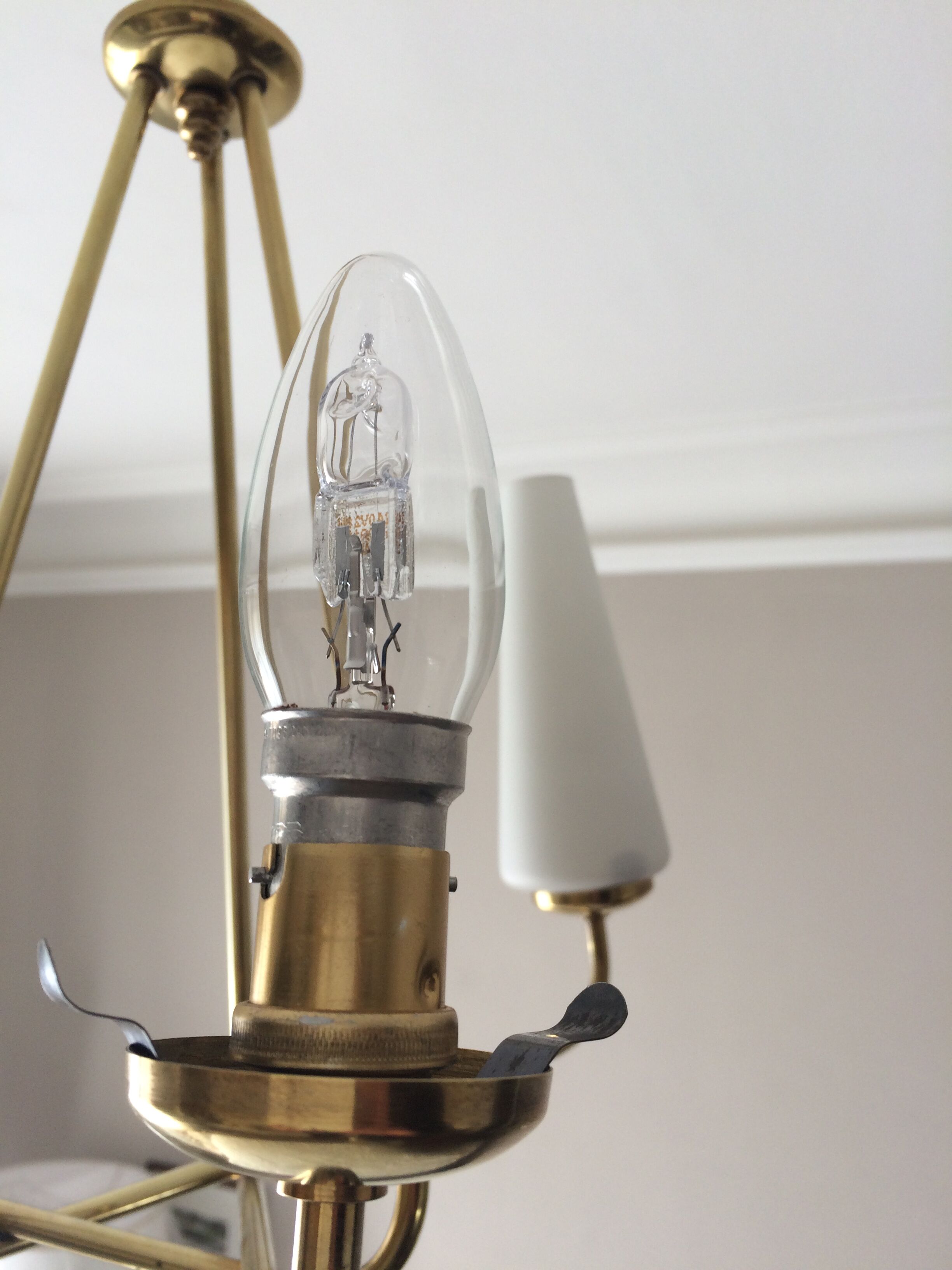 3-branch brass and opaline chandelier 1950/1960