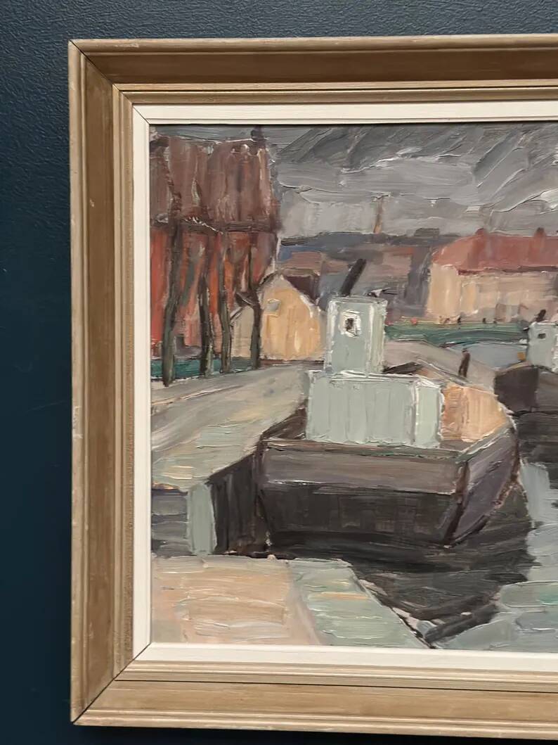 Original Swedish Oil on Canvas –“Harbour” by Georg Andersson – Signed – Vintage & Framed – 52 × 40 cm (20.4" x 15.7")