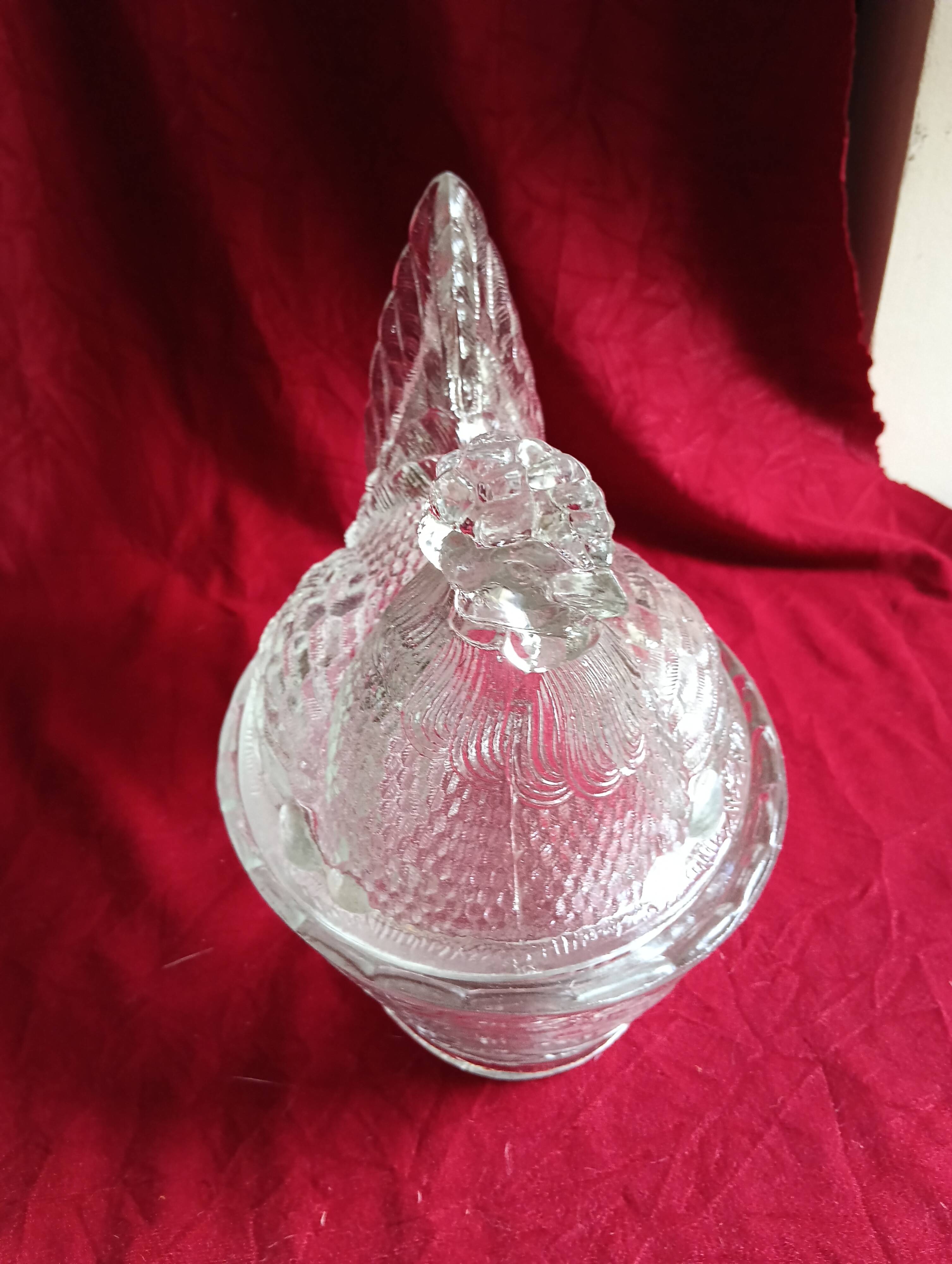 Old hen on her moulded glass nest - vintage sweet jar