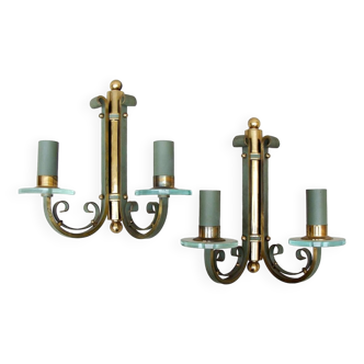 Pair of art deco lacquered metal, brass and glass wall lights