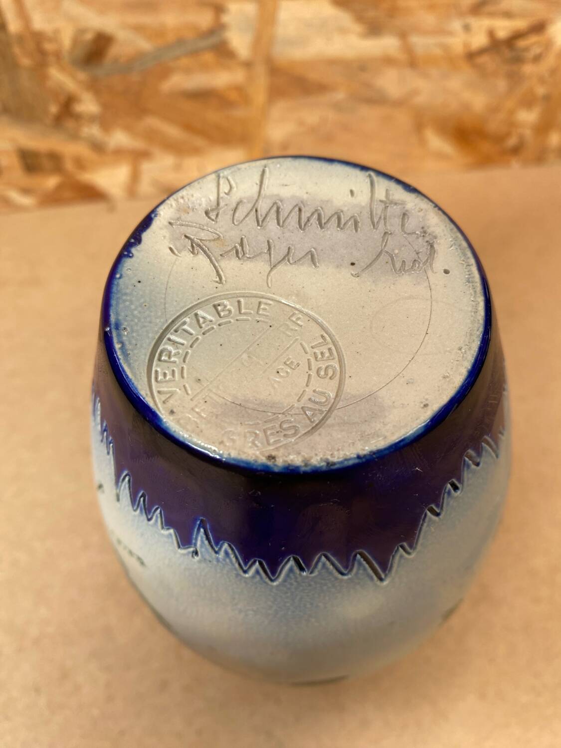 Ancien vase soliflore betschdorf schmitter grès bleu décor fleurs vintage #b647