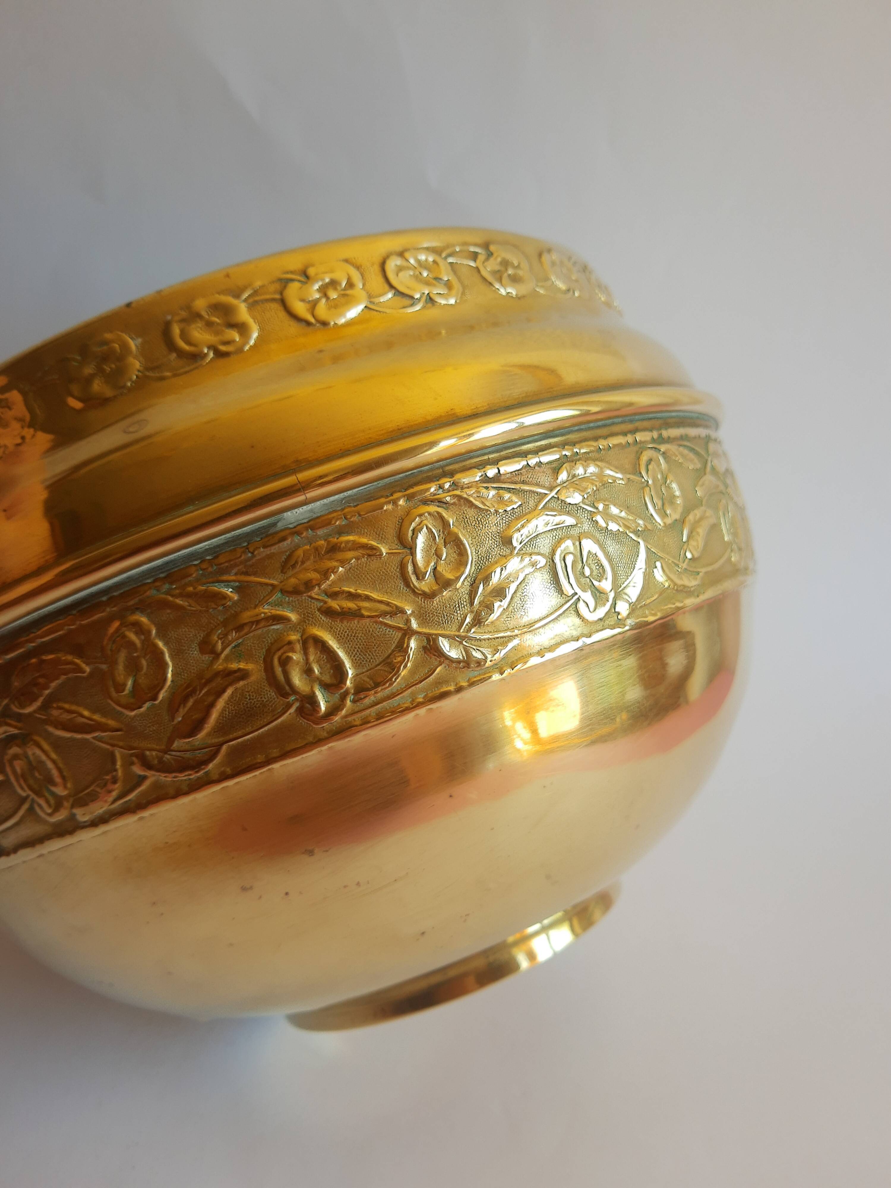 Old brass cache pot with vintage floral frieze