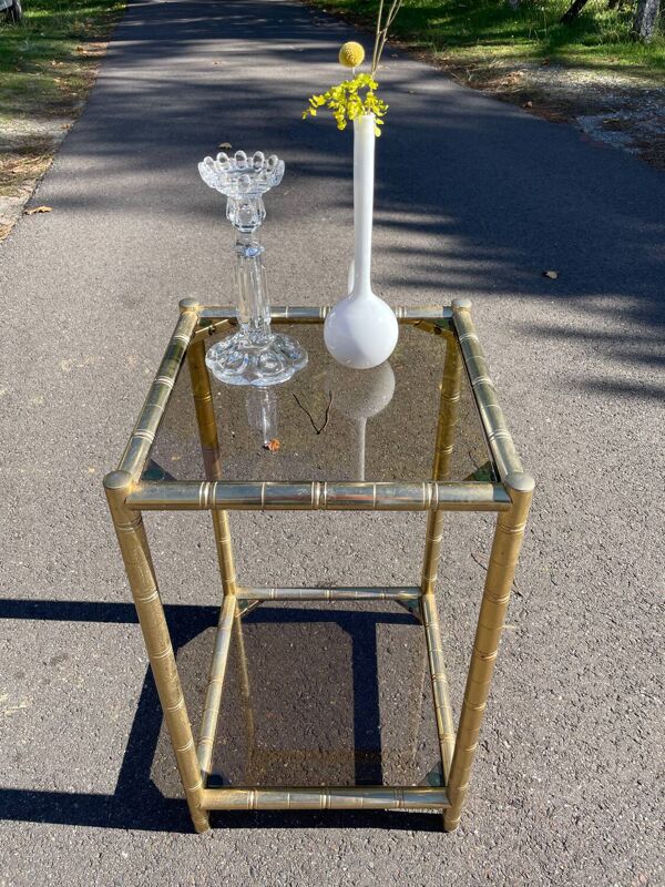 Guéridon carré faux bambou laiton doré et verre