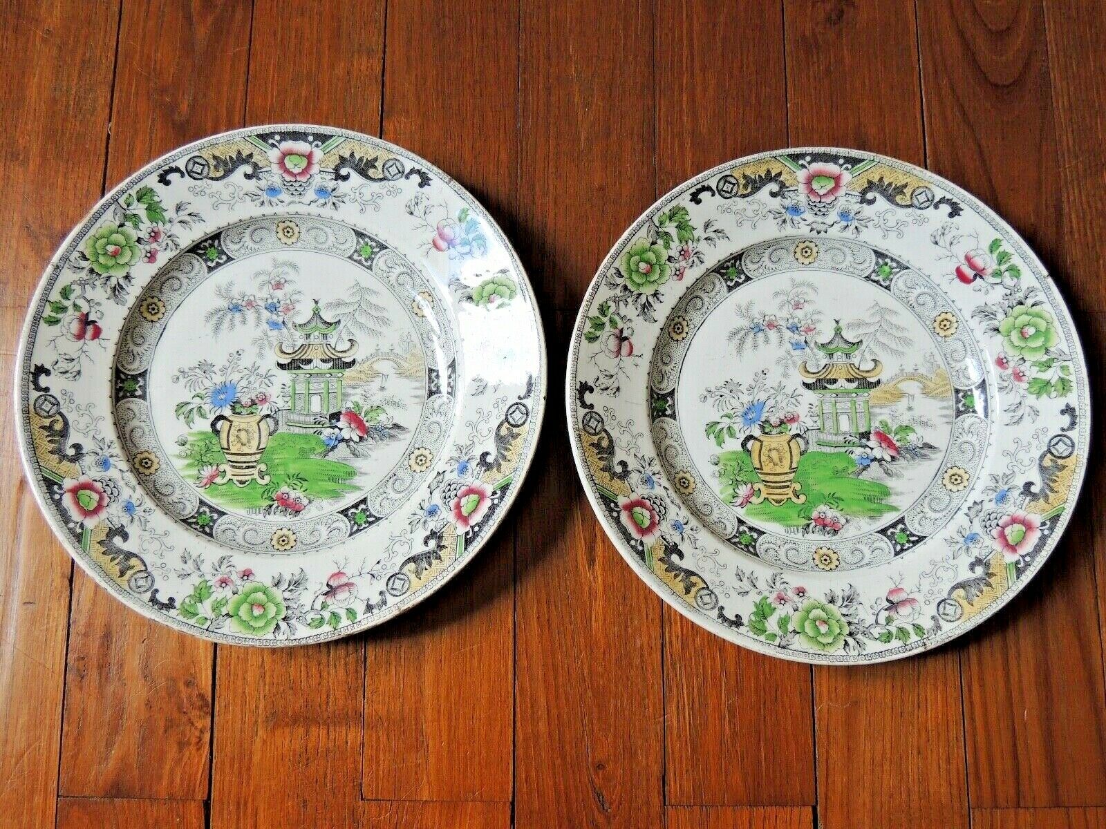 Set of 2 plates in faience Creil Montereau pagoda decorations