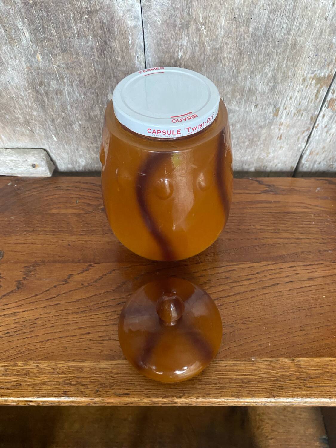 Antique Orange Marbled Glass Jar Pot + Vintage Kitchen Lid #B721