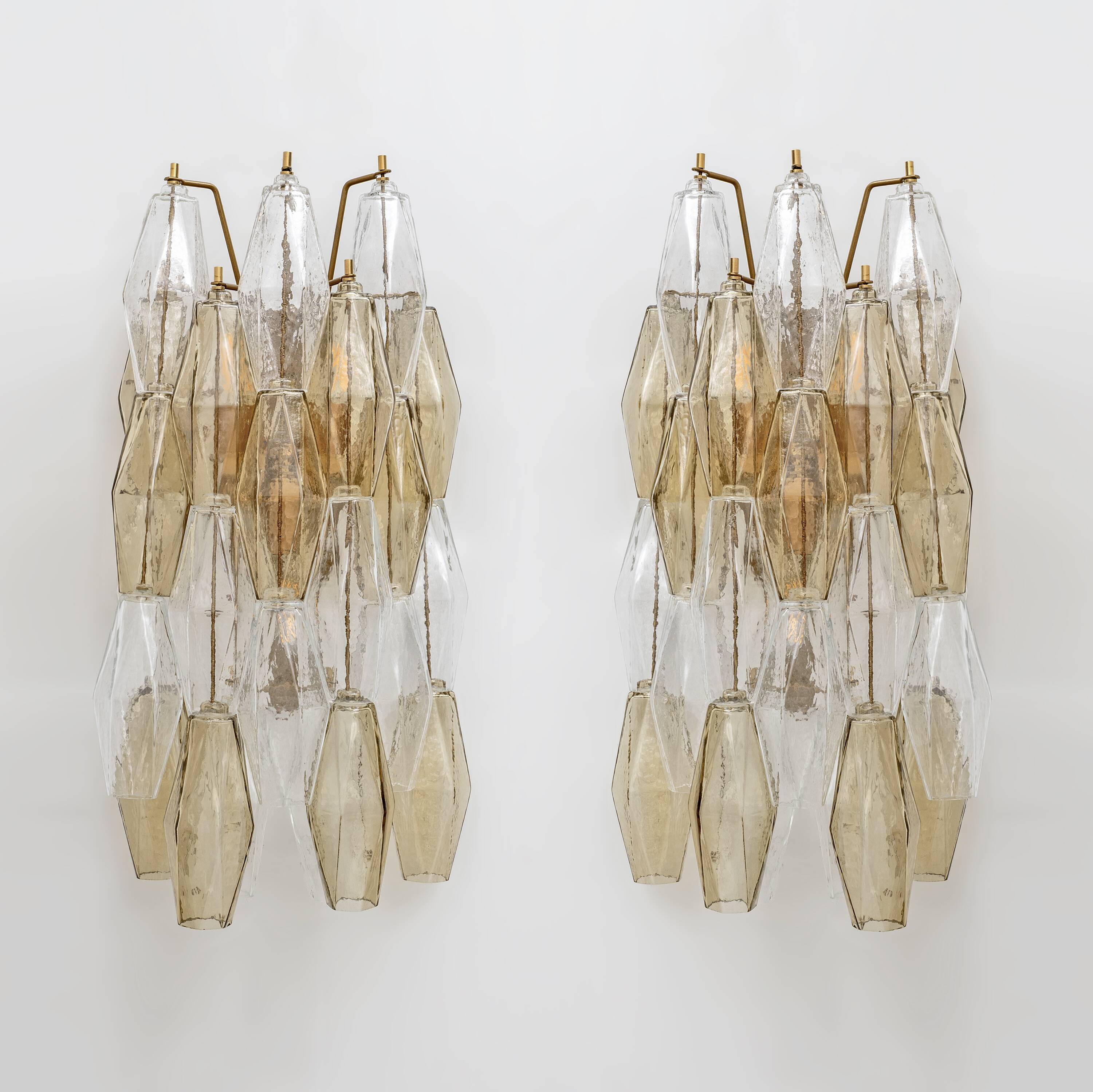 Pair of Mid-Century Italian Murano Glass Poliedri Sconces Amber and Clear