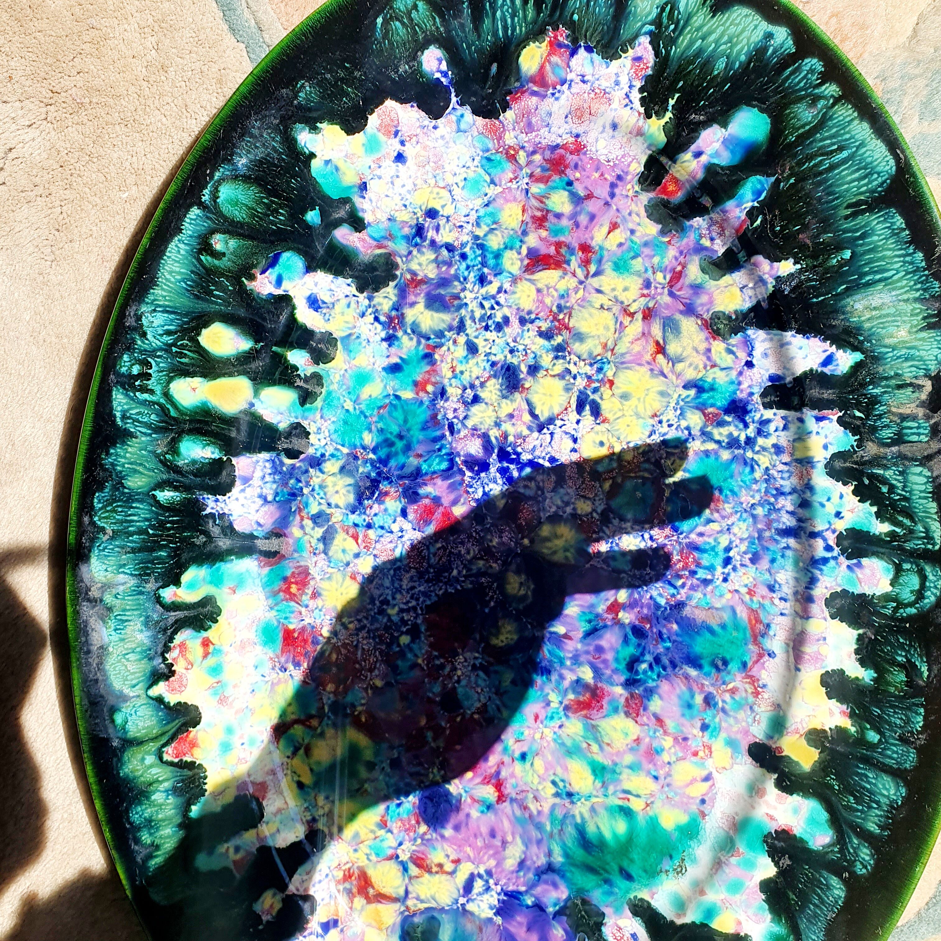 Oval dish in enamelled ceramic signed Morvan