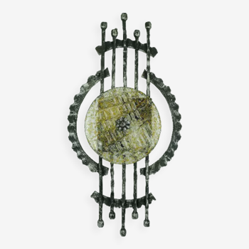 Mid century brutalist wrought iron and glass wall lamp sconce