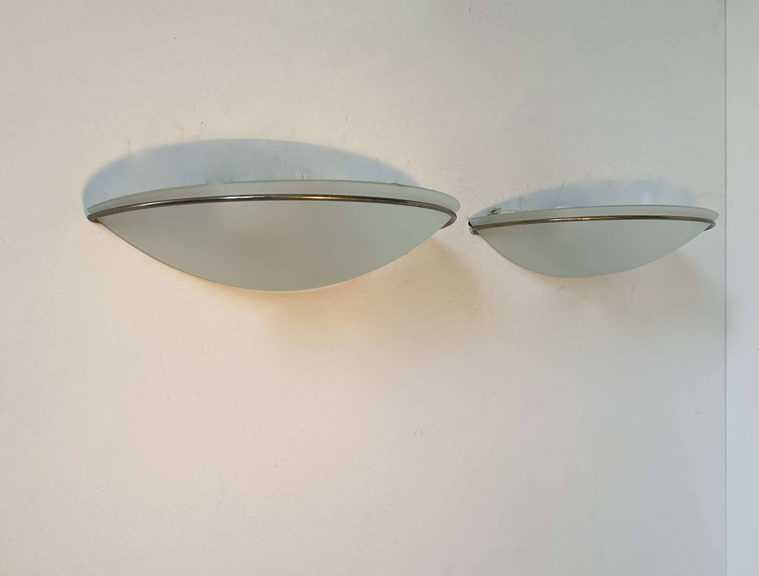 Pair of vintage wall lights, brass and sandblasted glass, Italy 1970