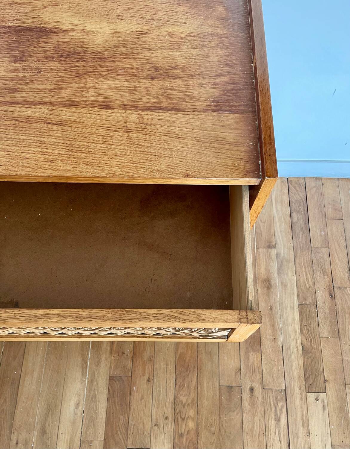 Vintage wooden and rattan chest of drawers