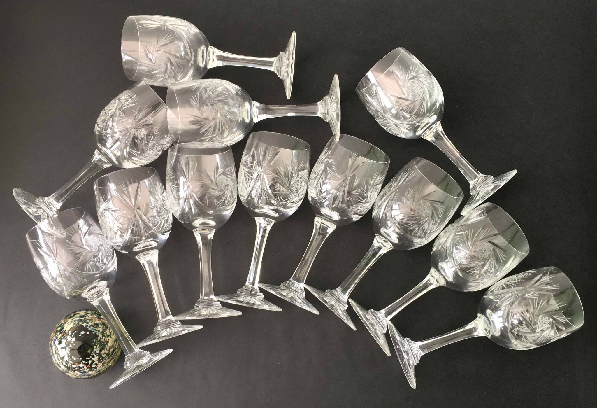 Set of 12 cut crystal wine glasses