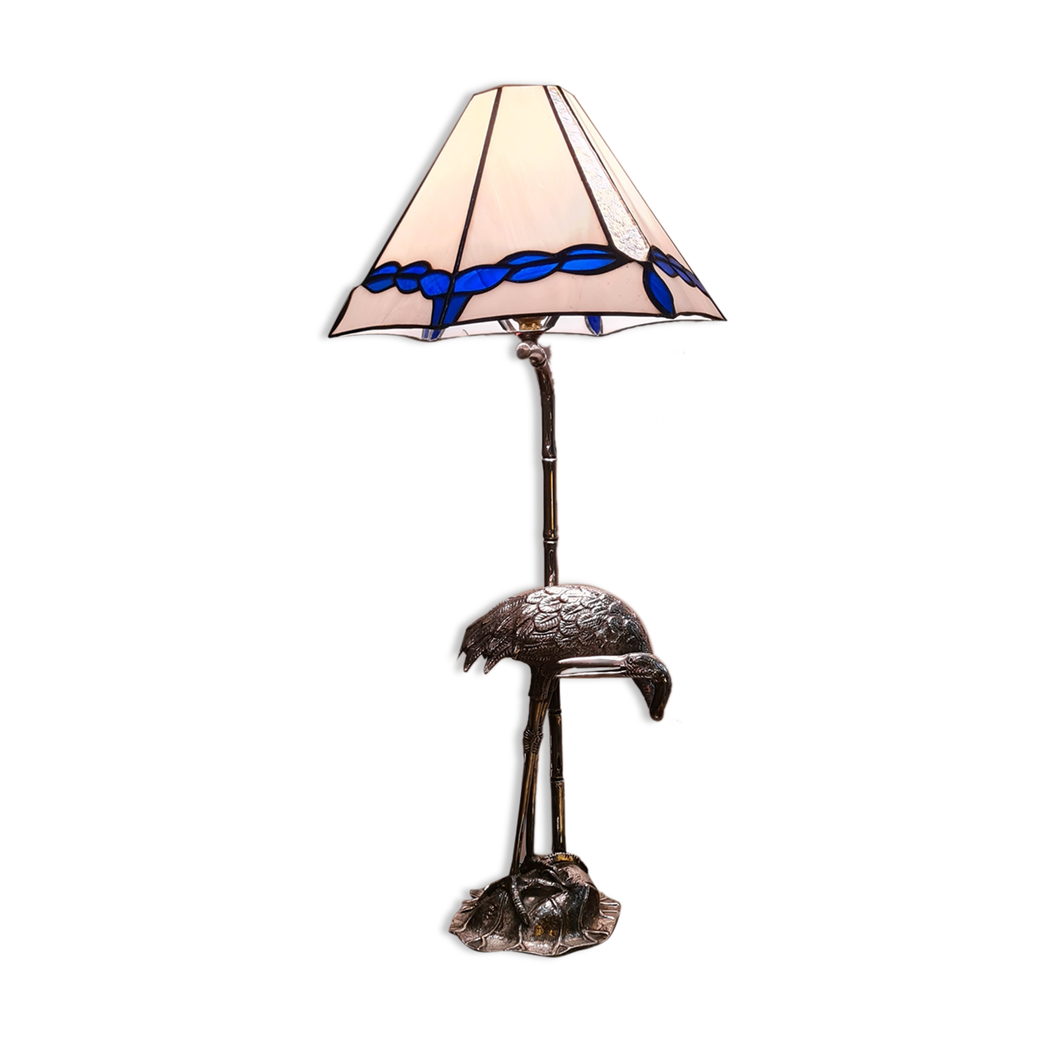 silver metal lamp, heron, wader, bamboo