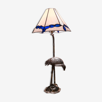 Lampe en métal argenté, héron, échassier, bambou