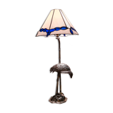 silver metal lamp, heron, wader, bamboo