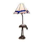 Lampe en métal argenté, héron, échassier, bambou