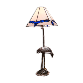 silver metal lamp, heron, wader, bamboo