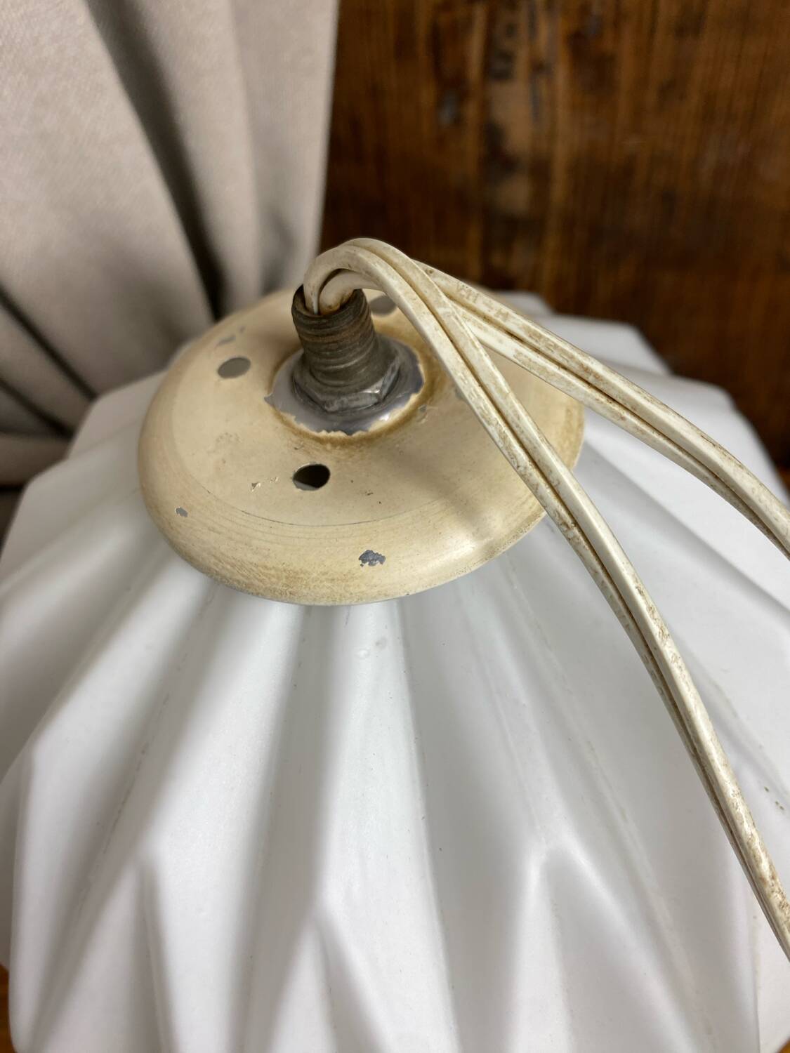 Designer pendant light with geometric opaline glass globe, mid-20th century