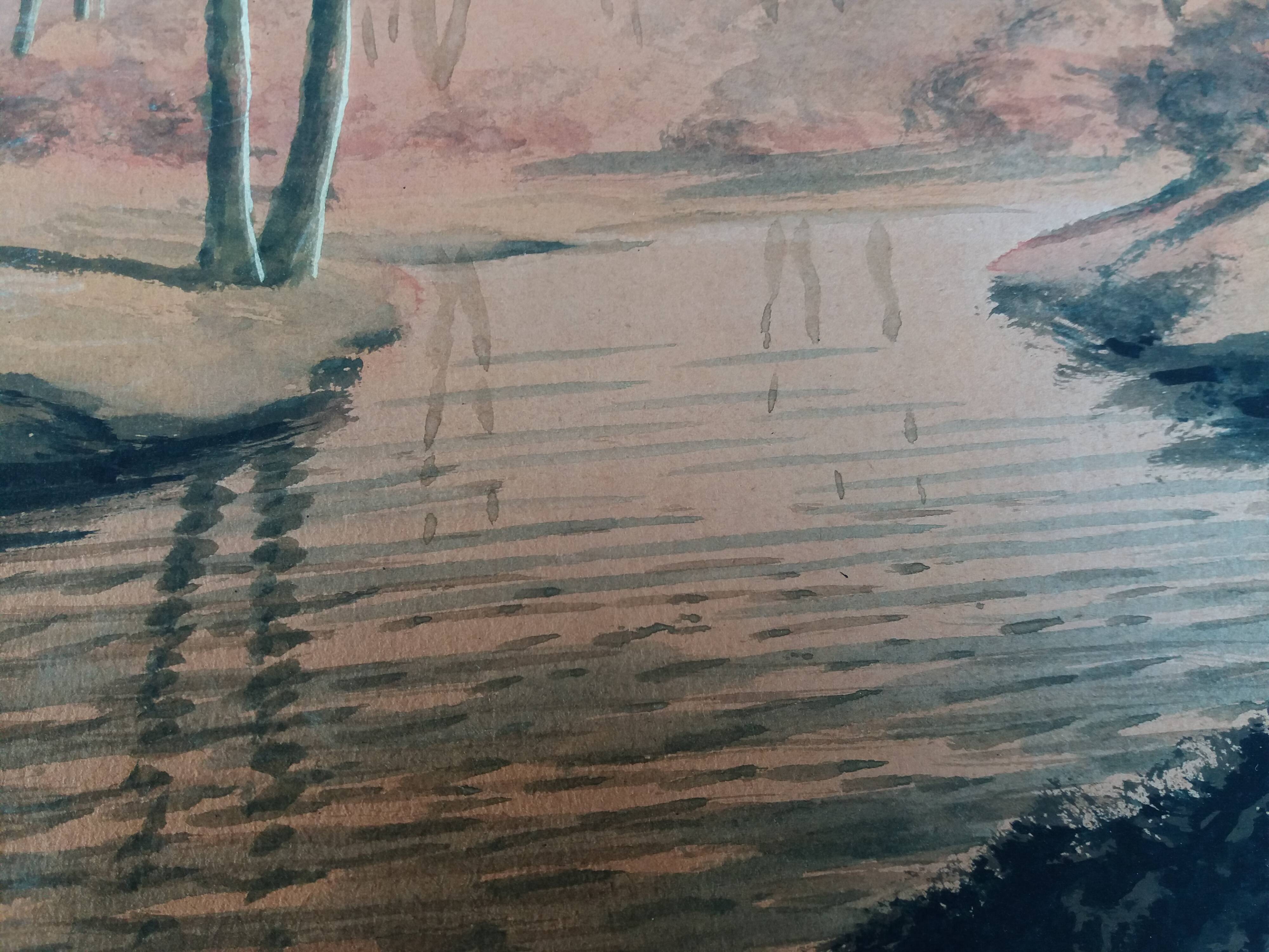 Watercolor signed Darta landscape river and forest