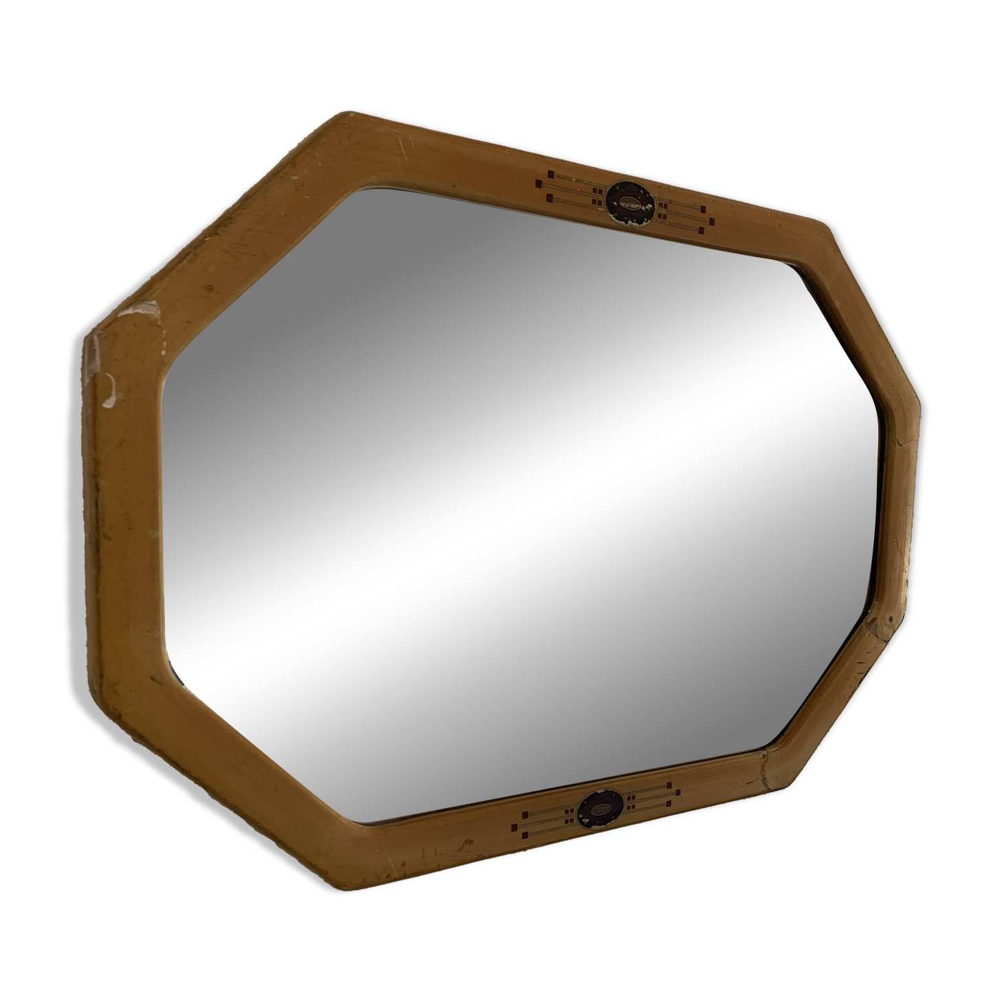 Vintage 1930 Art Deco beveled octagonal stucco wood mirror - 66 x 45 cm