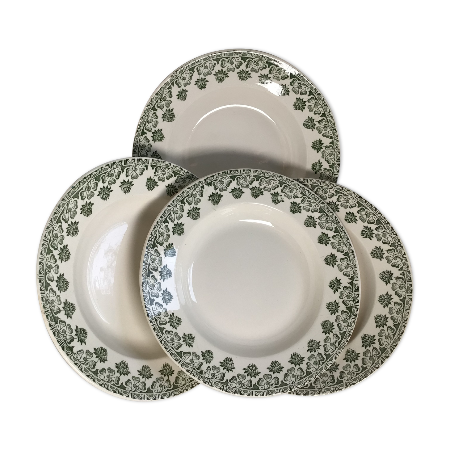 4 assiettes creuses Terre de Fer Badonviller trèfle kaki