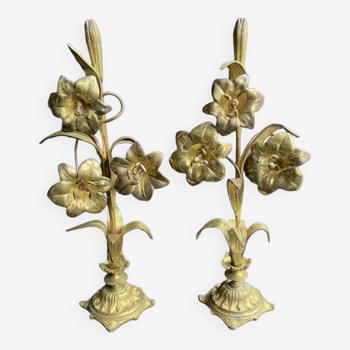Paire d’éléments décoratifs signés – Fleurs de Lys – Laiton et bronze - XIXème