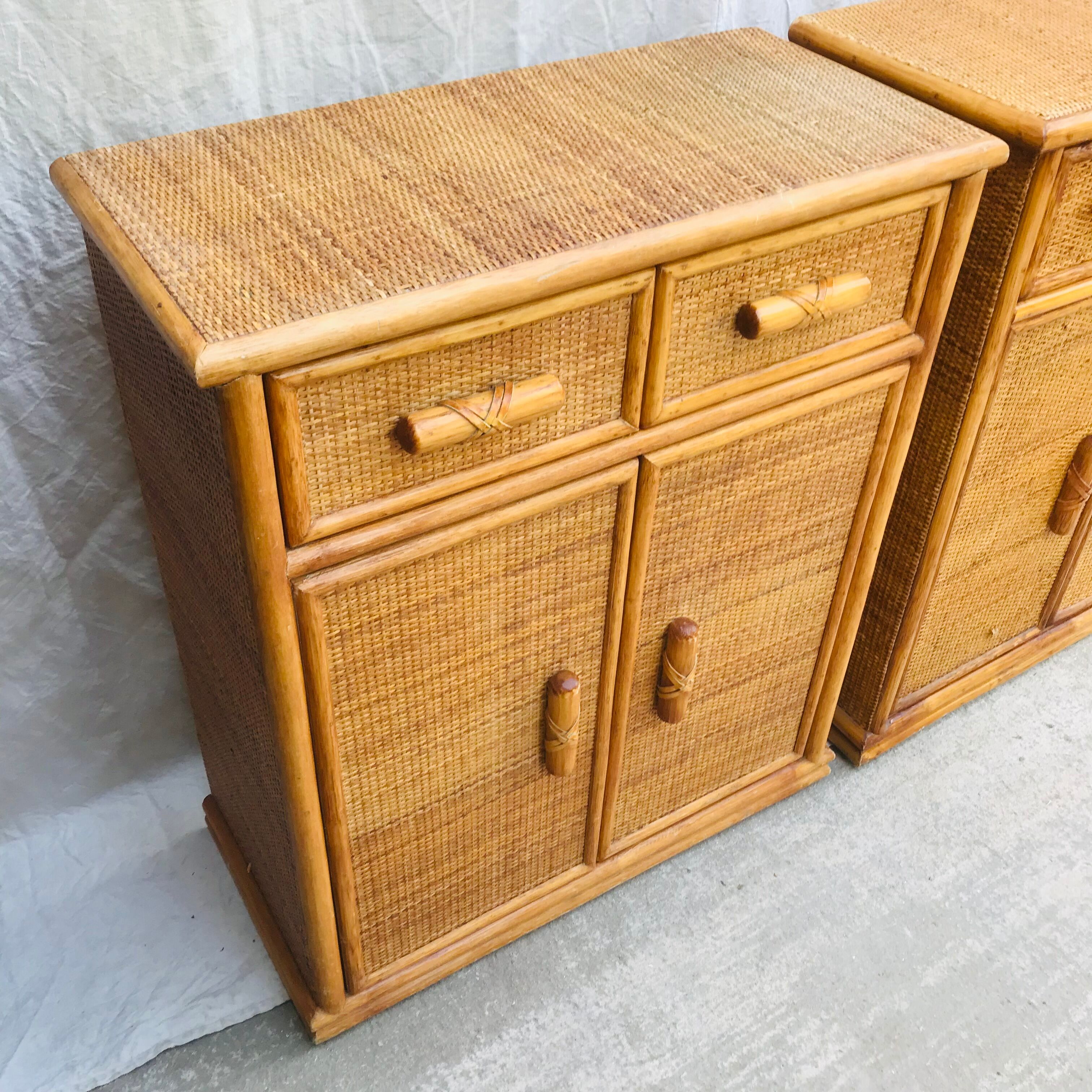Pair of sideboards in rattan and wicker braided vintage 1970.