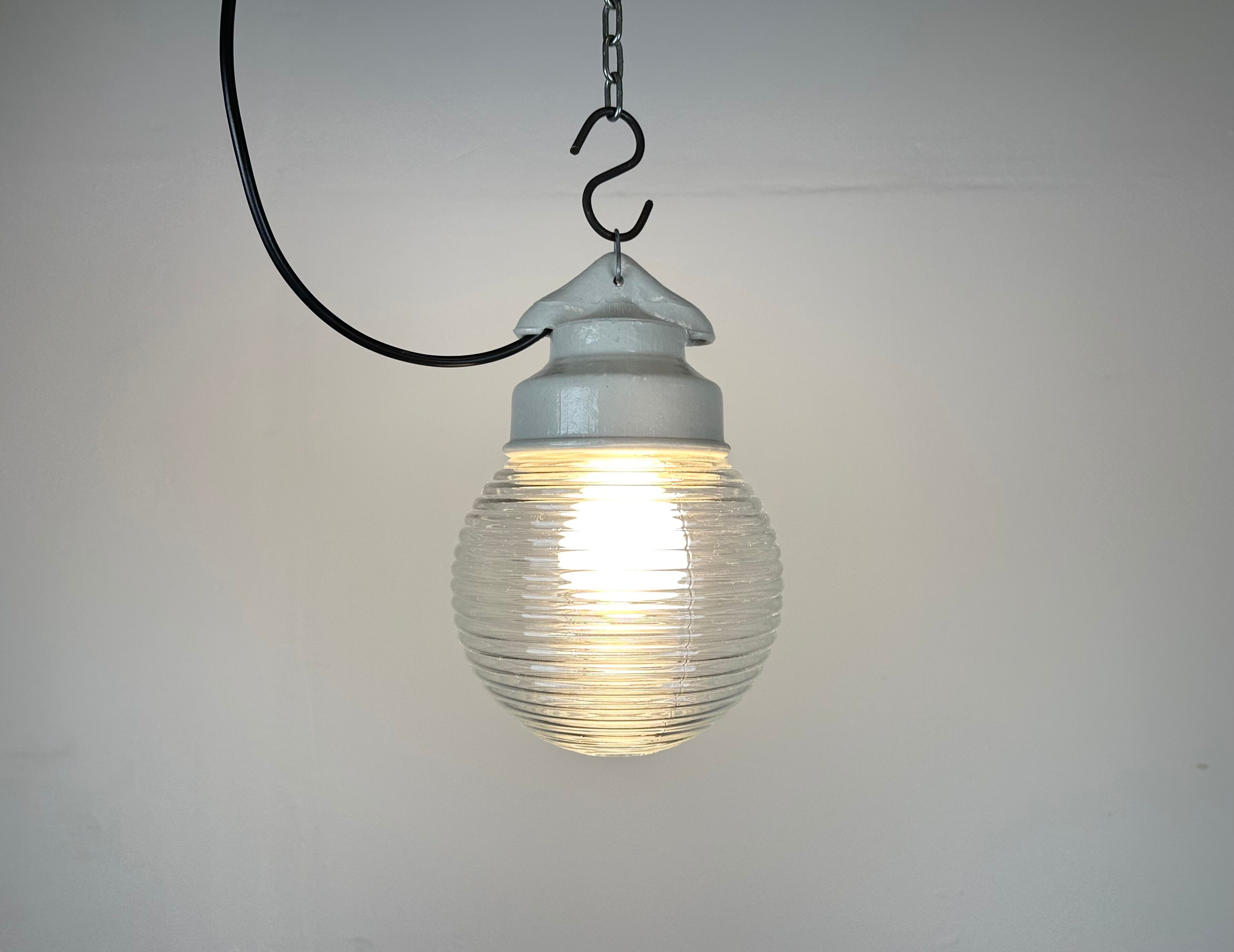 Industrial white porcelain pendant light with ribbed glass, 1970s