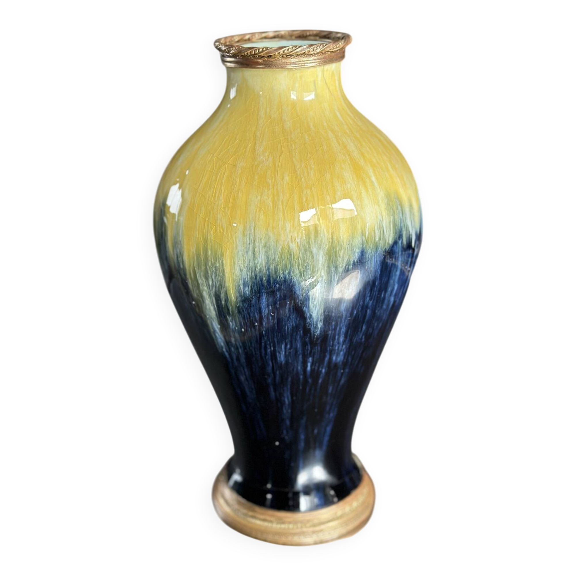 Art Deco vase in yellow and blue flamed earthenware - Shape 485, circa 1930