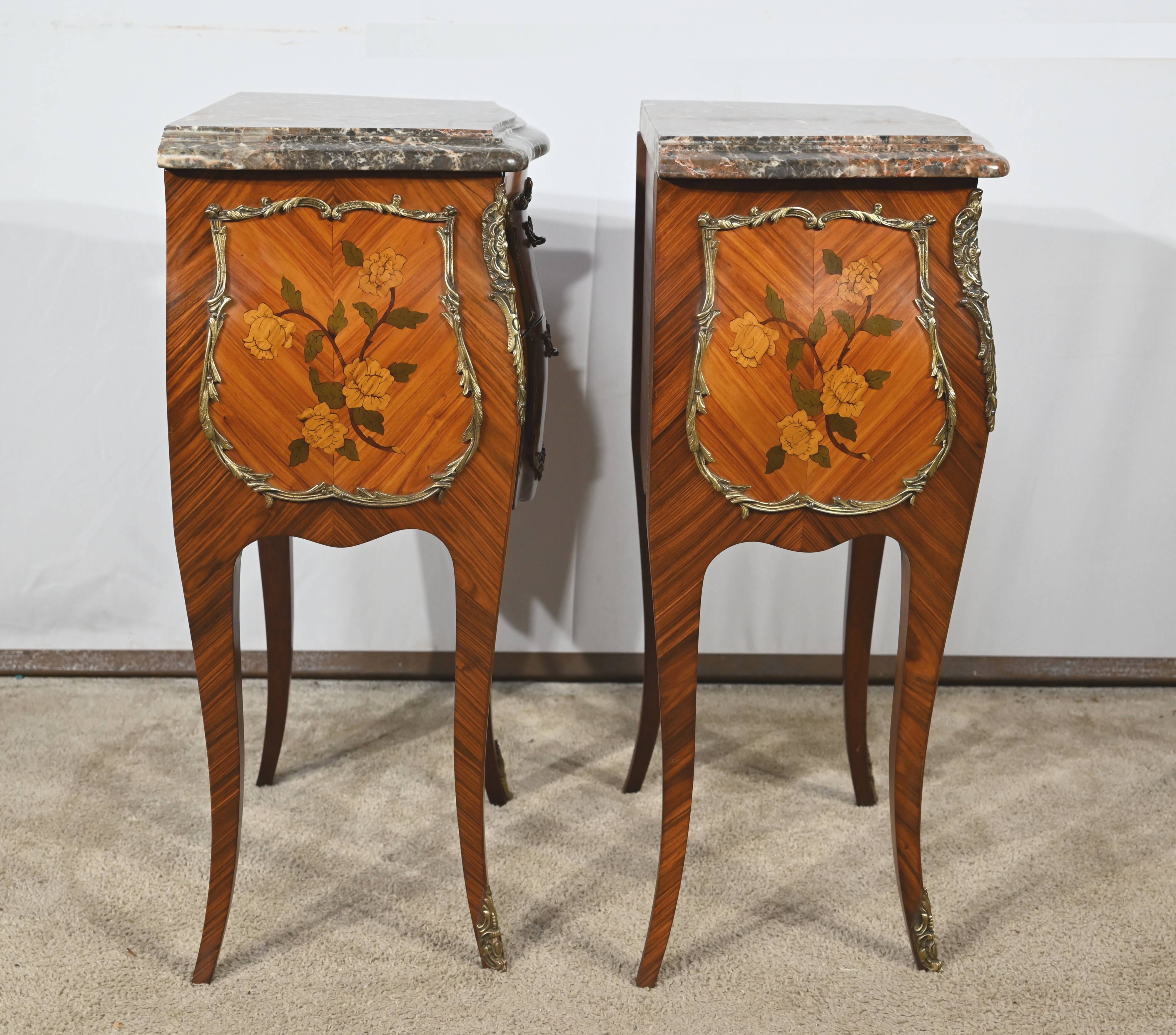 Pair of Bedside Tables in Rosewood and Marquetry, Louis XV style – Mid 20th century