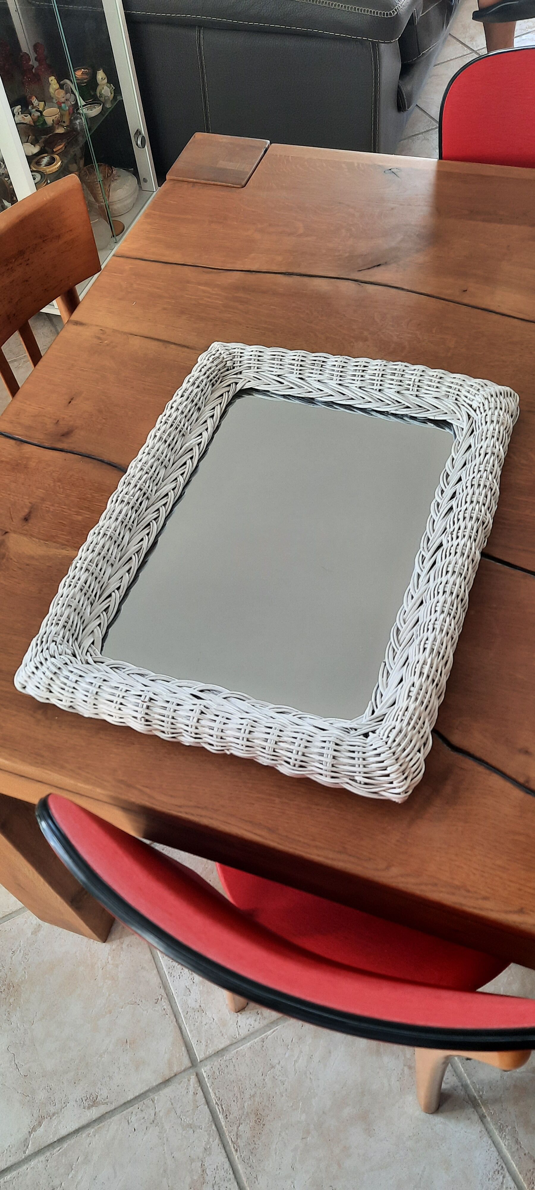 Rectangular mirror in vintage woven wicker rattan